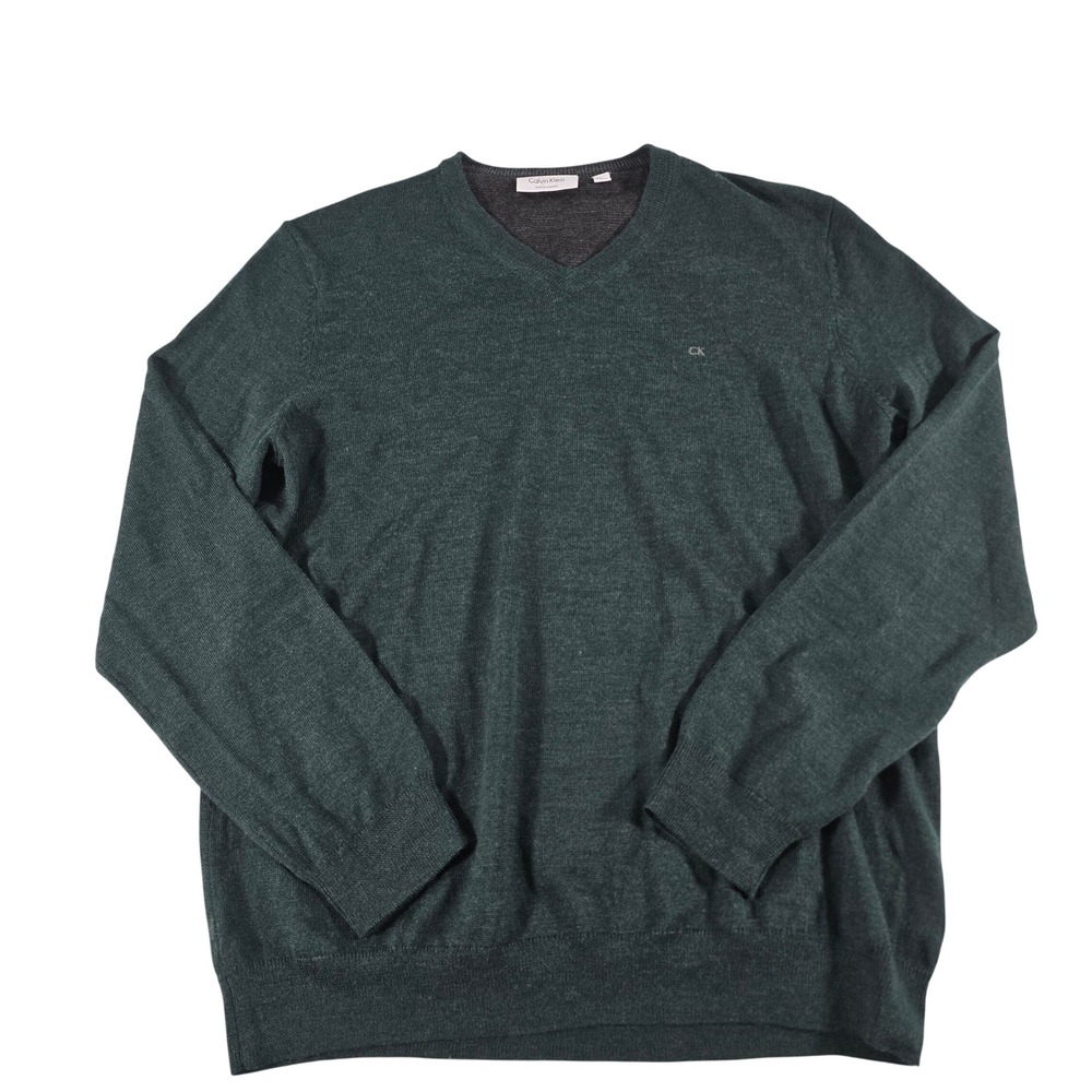 Calvin Klein Mens Italian Merino Wool V-Neck Sweater Green Marl Large L